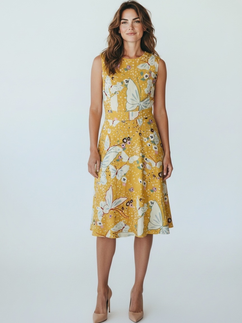 La Soul Sleeveless Yellow Butterfly-Print Midi Dress